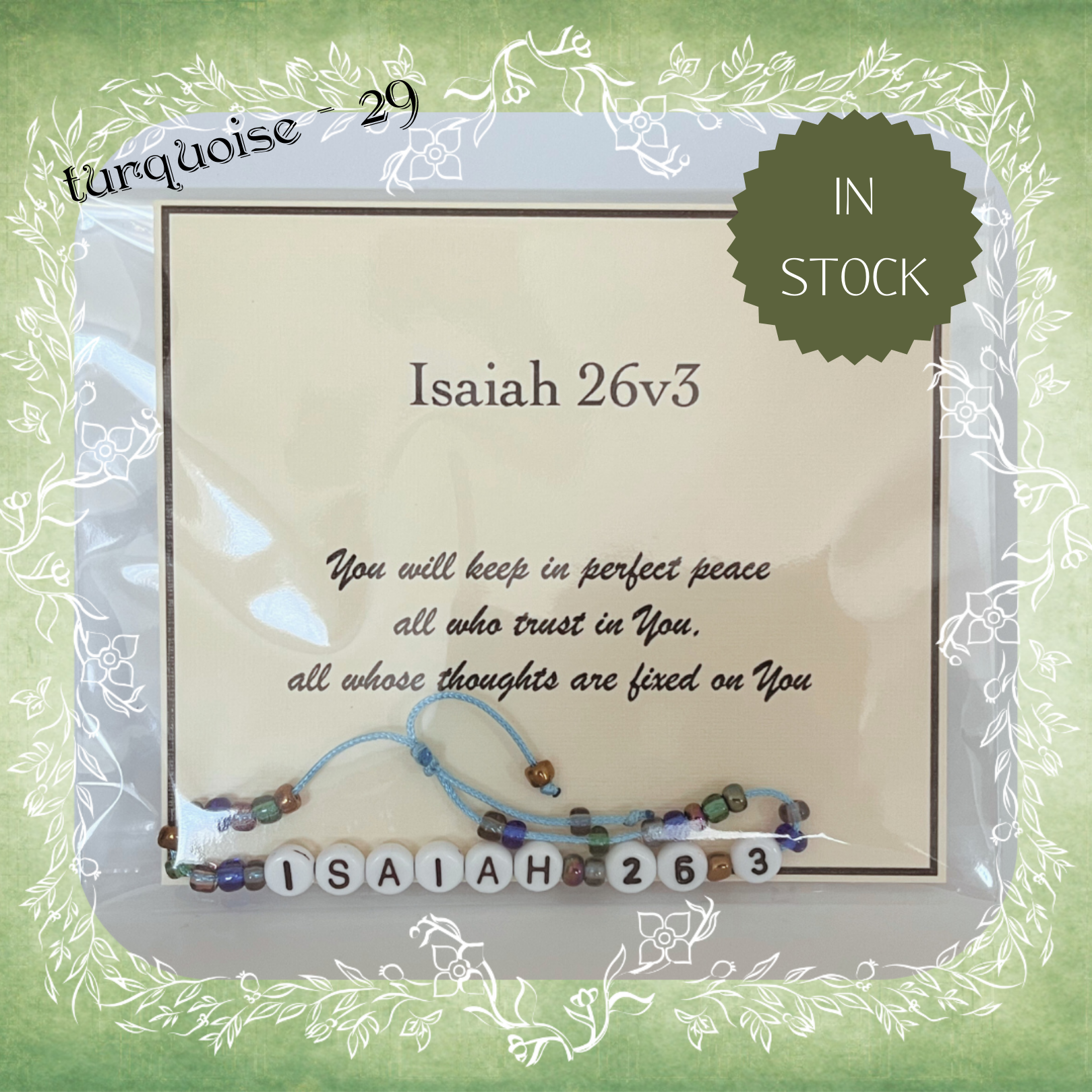 Isaiah 26v3 Bible verse bracelet with letter beads and scripture verse card, packaged for gifting and encouragement, turquoise cord and bead mix 29