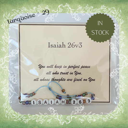 Isaiah 26v3 Bible verse bracelet with letter beads and scripture verse card, packaged for gifting and encouragement, turquoise cord and bead mix 29