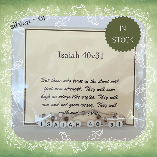 Isaiah 40v31 Bible verse bracelet with letter beads and scripture verse card, packaged for gifting and encouragement, silver cord and bead mix 01