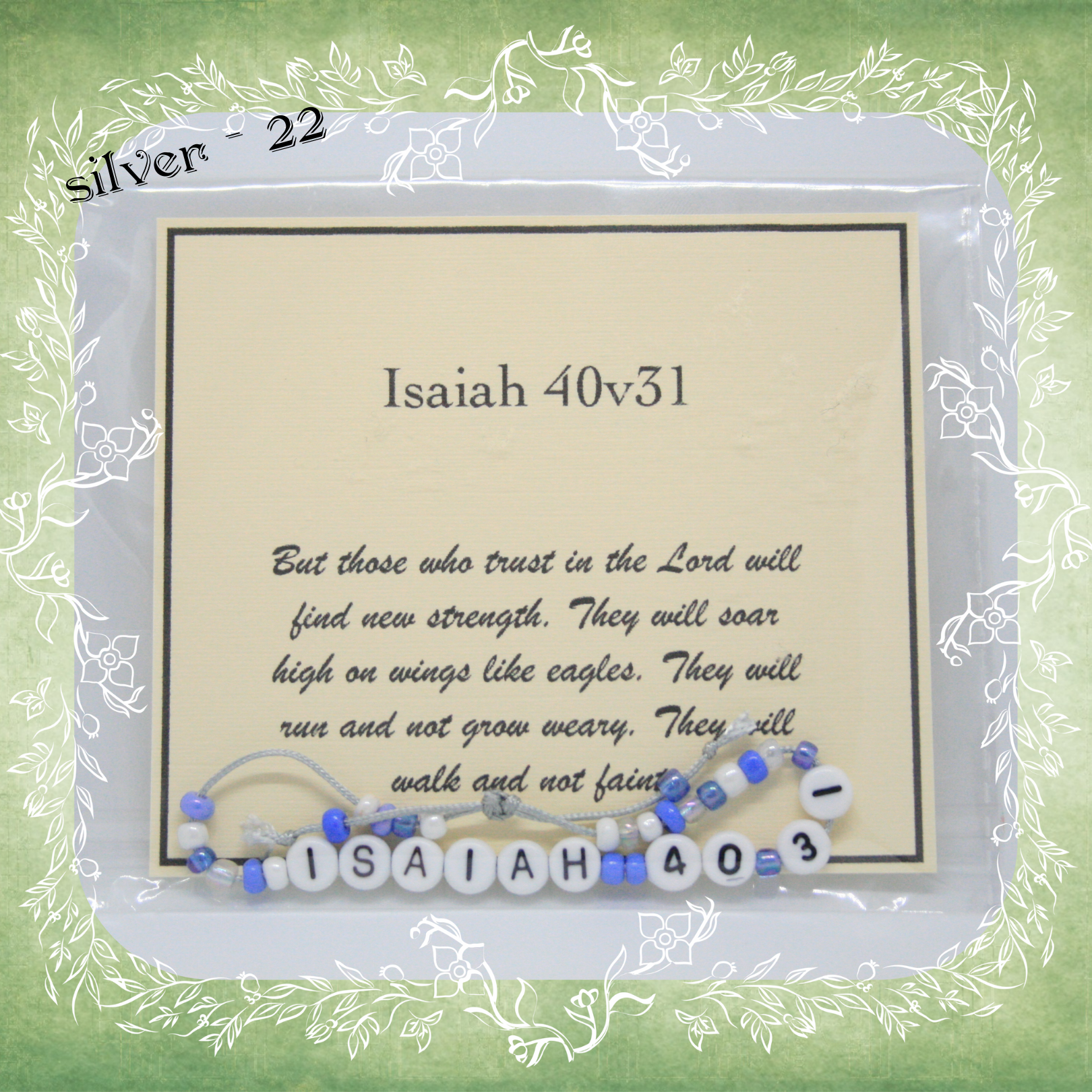 Isaiah 40v31 Bible verse bracelet with letter beads and scripture verse card, packaged for gifting and encouragement, silver cord and bead mix 22