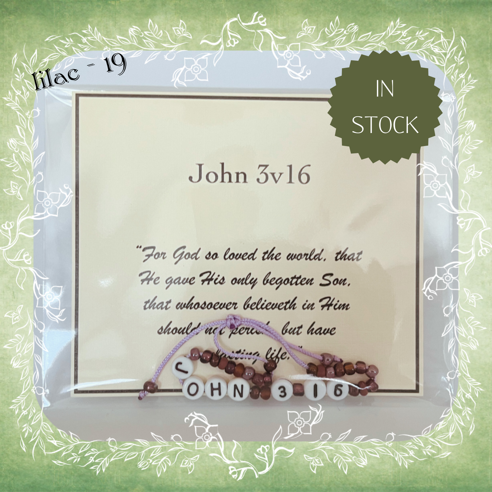John 3v16 Bible verse bracelet with letter beads and scripture verse card, packaged for gifting and encouragement, lilac cord and bead mix 09