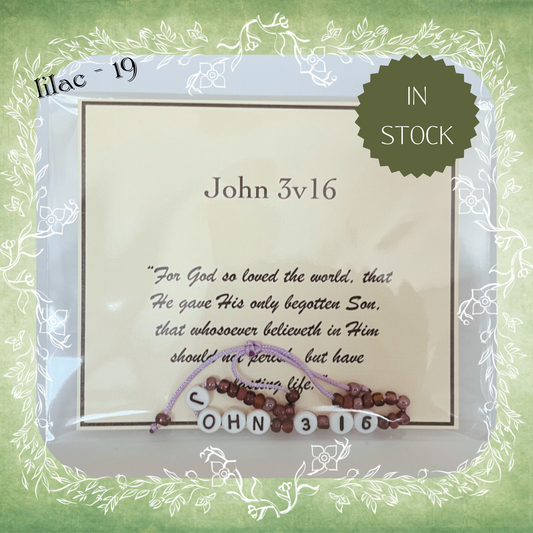 John 3v16 Bible verse bracelet with letter beads and scripture verse card, packaged for gifting and encouragement, lilac cord and bead mix 09