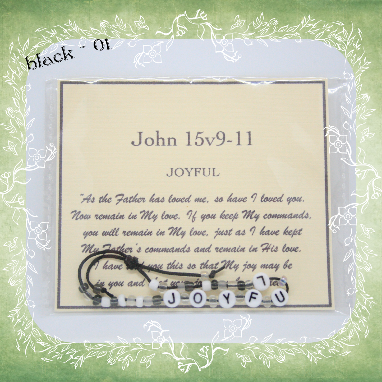 Joyful Bible verse bracelet with letter beads and scripture verse card, packaged for gifting and encouragement, black cord and bead mix 01