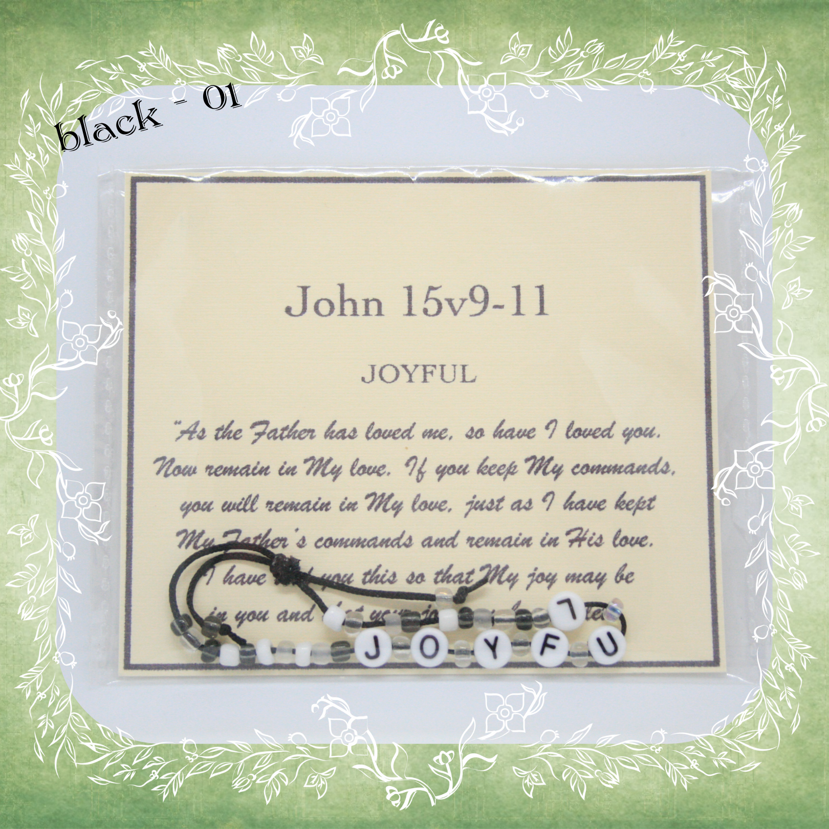 Joyful Bible verse bracelet with letter beads and scripture verse card, packaged for gifting and encouragement, black cord and bead mix 01