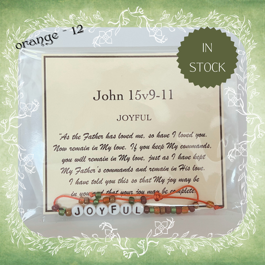 Joyful Bible verse bracelet with letter beads and scripture verse card, packaged for gifting and encouragement, orange cord and bead mix 12