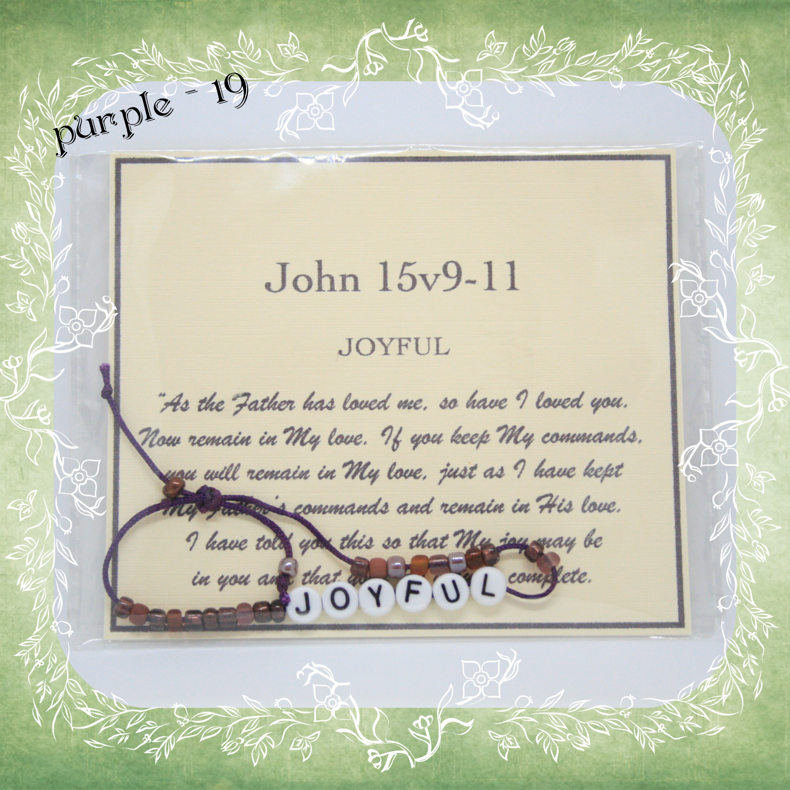 Joyful Bible verse bracelet with letter beads and scripture verse card, packaged for gifting and encouragement, purple cord and bead mix 19