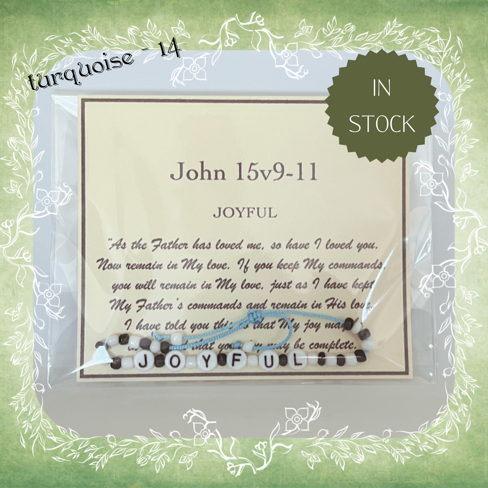 Joyful Bible verse bracelet with letter beads and scripture verse card, packaged for gifting and encouragement, turquoise cord and bead mix 14