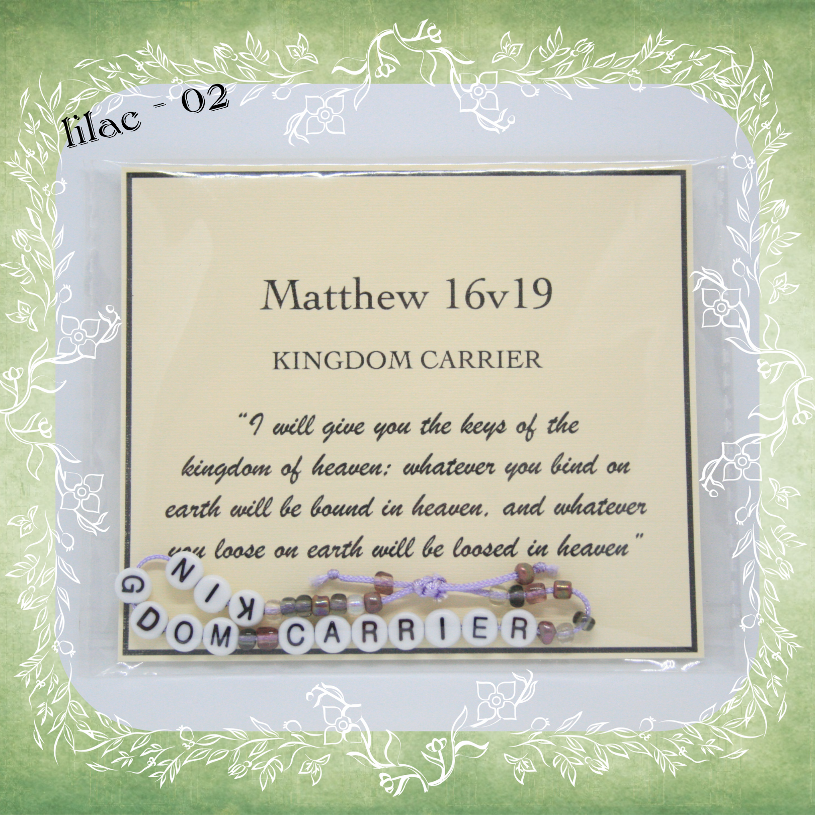 Kingdom Carrier Bible verse bracelet with letter beads and scripture verse card, packaged for gifting and encouragement, lilac cord and bead mix 02