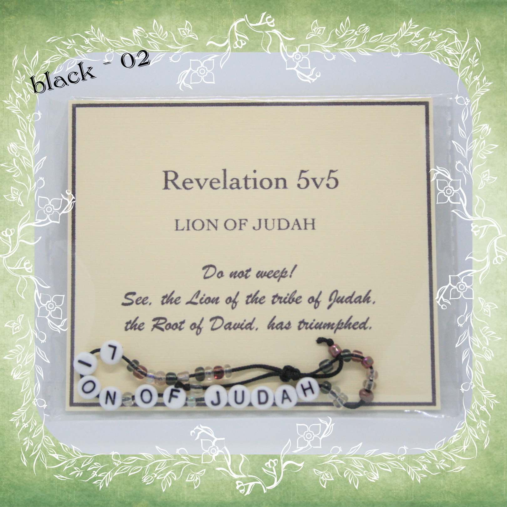 Lion of Judah Bible verse bracelet with letter beads and scripture verse card, packaged for gifting and encouragement, black cord and bead mix 09
