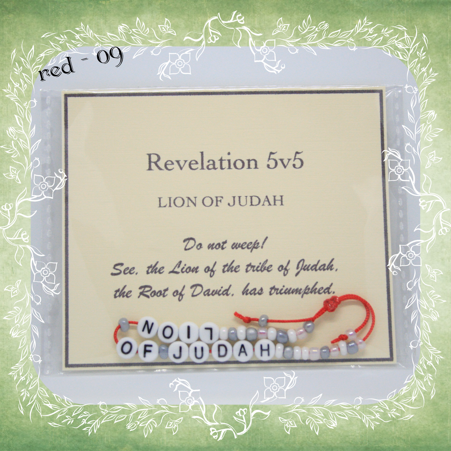 Lion of Judah Bible verse bracelet with letter beads and scripture verse card, packaged for gifting and encouragement, red cord and bead mix 09