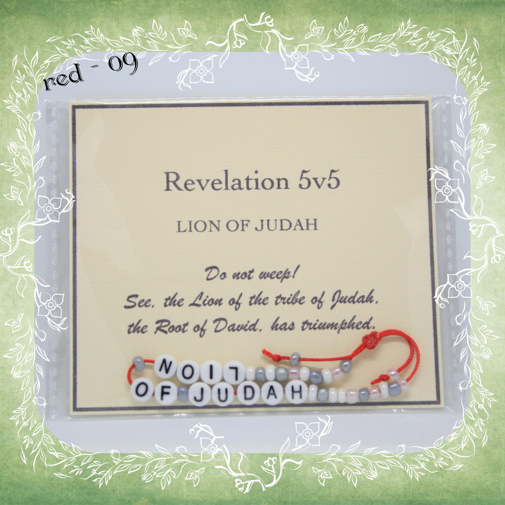 Lion of Judah Bible verse bracelet with letter beads and scripture verse card, packaged for gifting and encouragement, red cord and bead mix 09