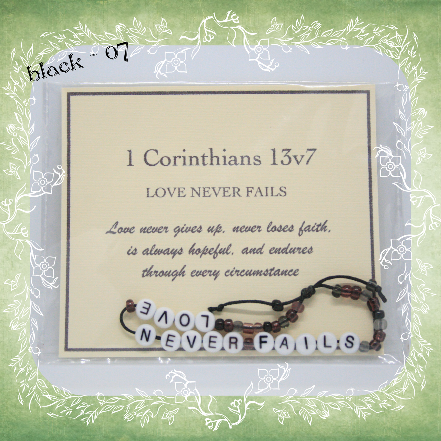 Love Never Fails Bible verse bracelet with letter beads and scripture verse card, packaged for gifting and encouragement, black cord and bead mix 07
