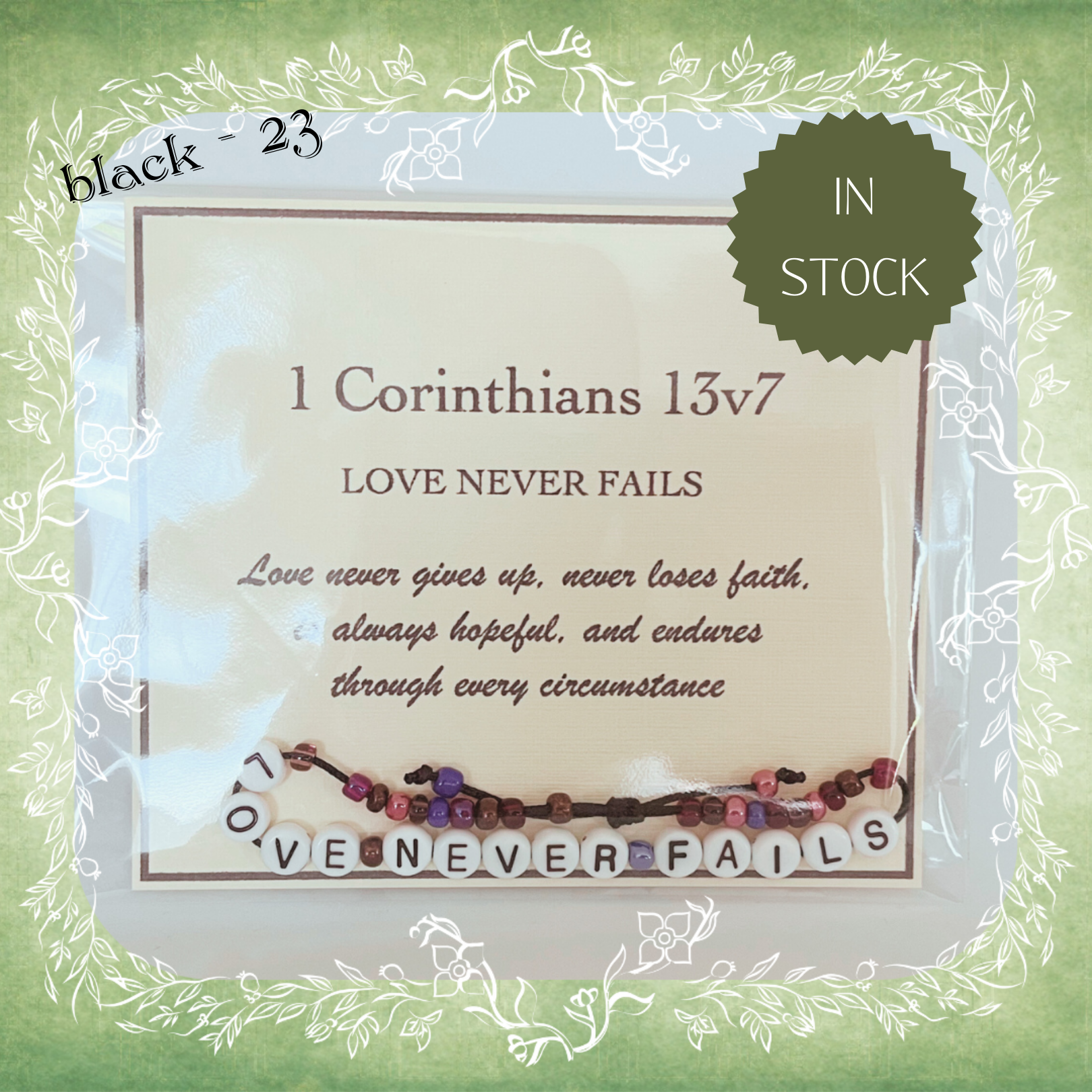 Love Never Fails Bible verse bracelet with letter beads and scripture verse card, packaged for gifting and encouragement, black cord and bead mix 23