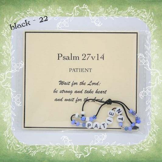 Patient Bible verse bracelet with letter beads and scripture verse card, packaged for gifting and encouragement, black cord and bead mix 22
