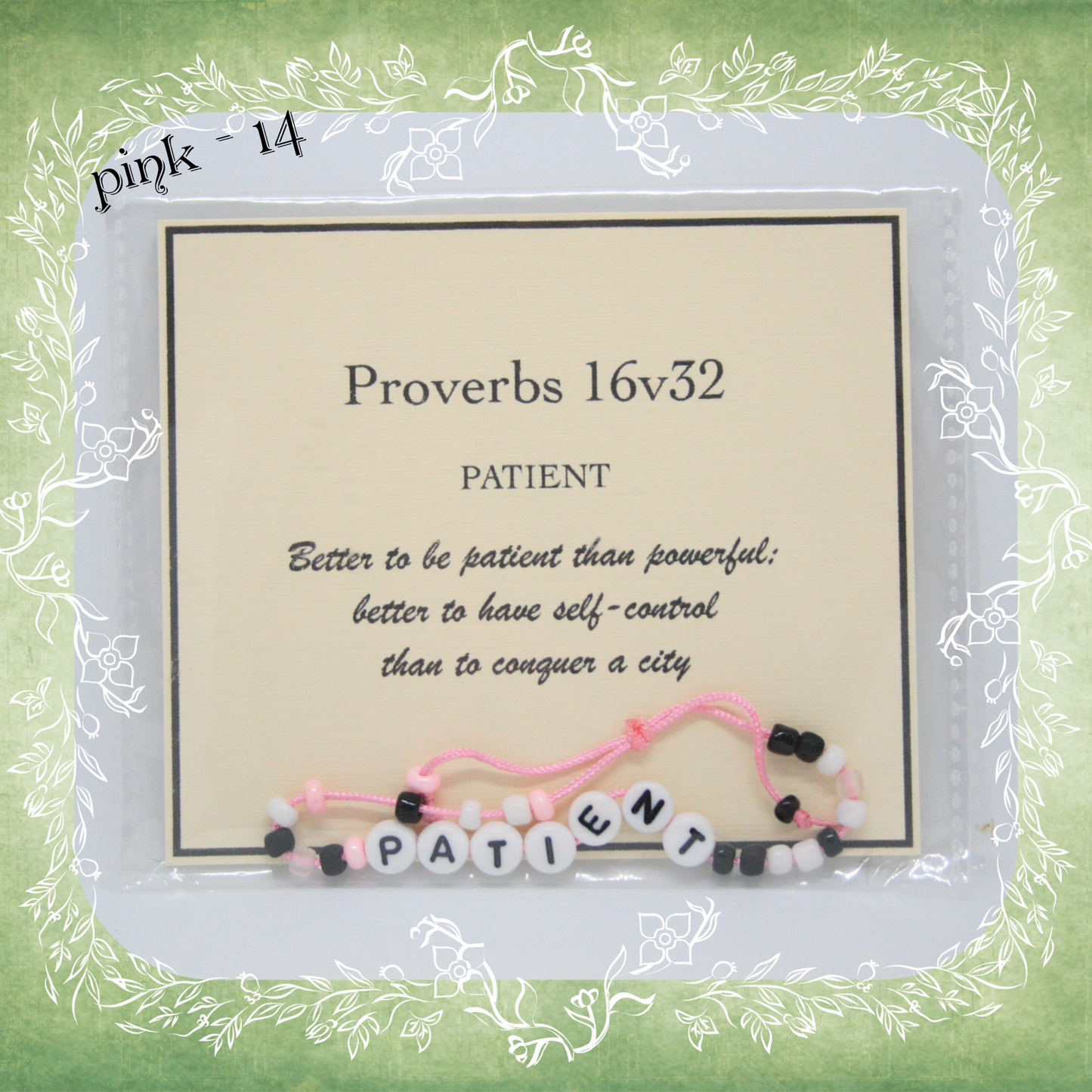 Patient Bible verse bracelet with letter beads and scripture verse card, packaged for gifting and encouragement, pink cord and bead mix 14