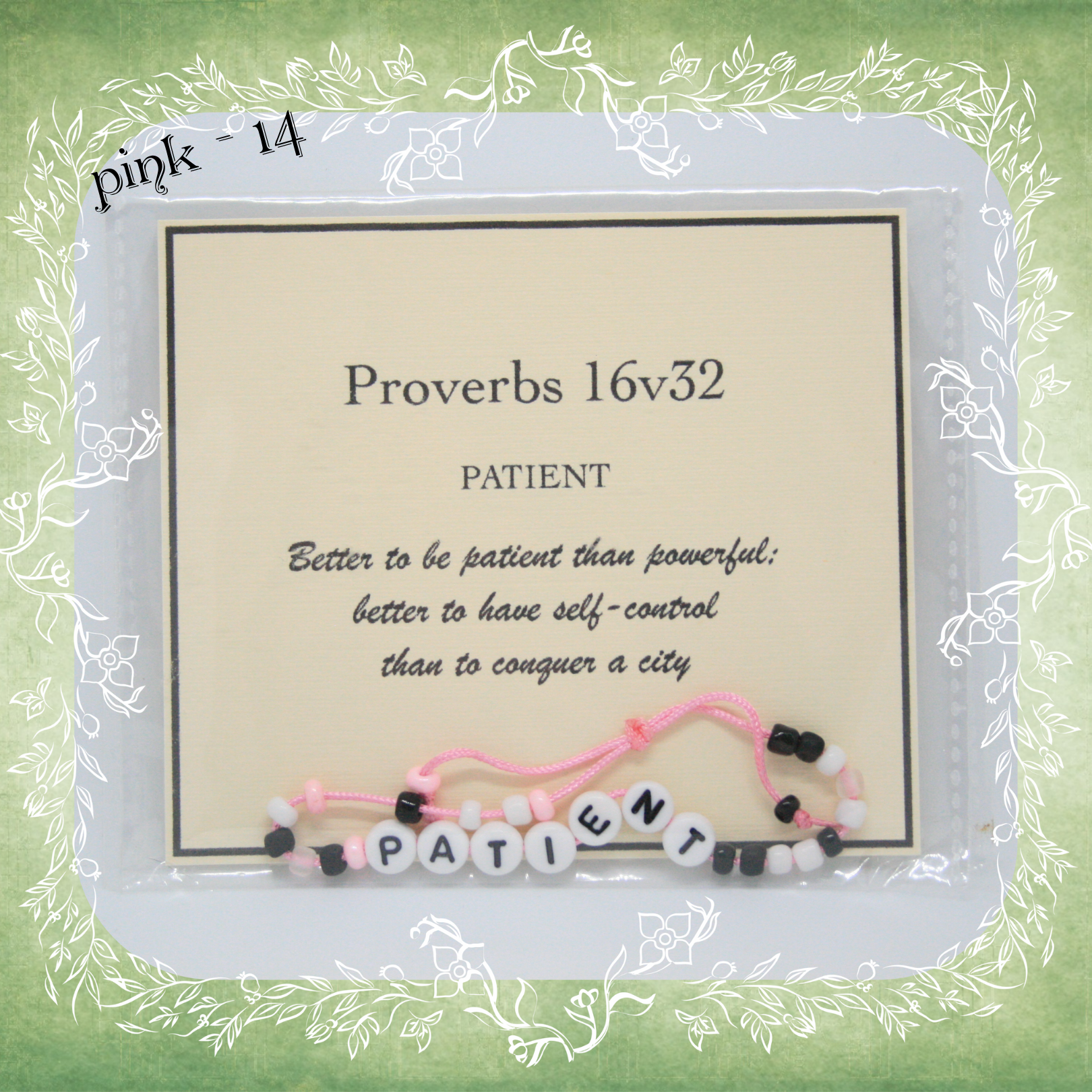 Patient Bible verse bracelet with letter beads and scripture verse card, packaged for gifting and encouragement, pink cord and bead mix 14