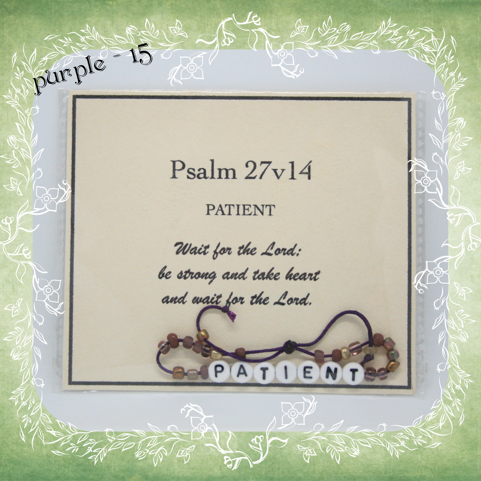 Patient Bible verse bracelet with letter beads and scripture verse card, packaged for gifting and encouragement, purple cord and bead mix 15