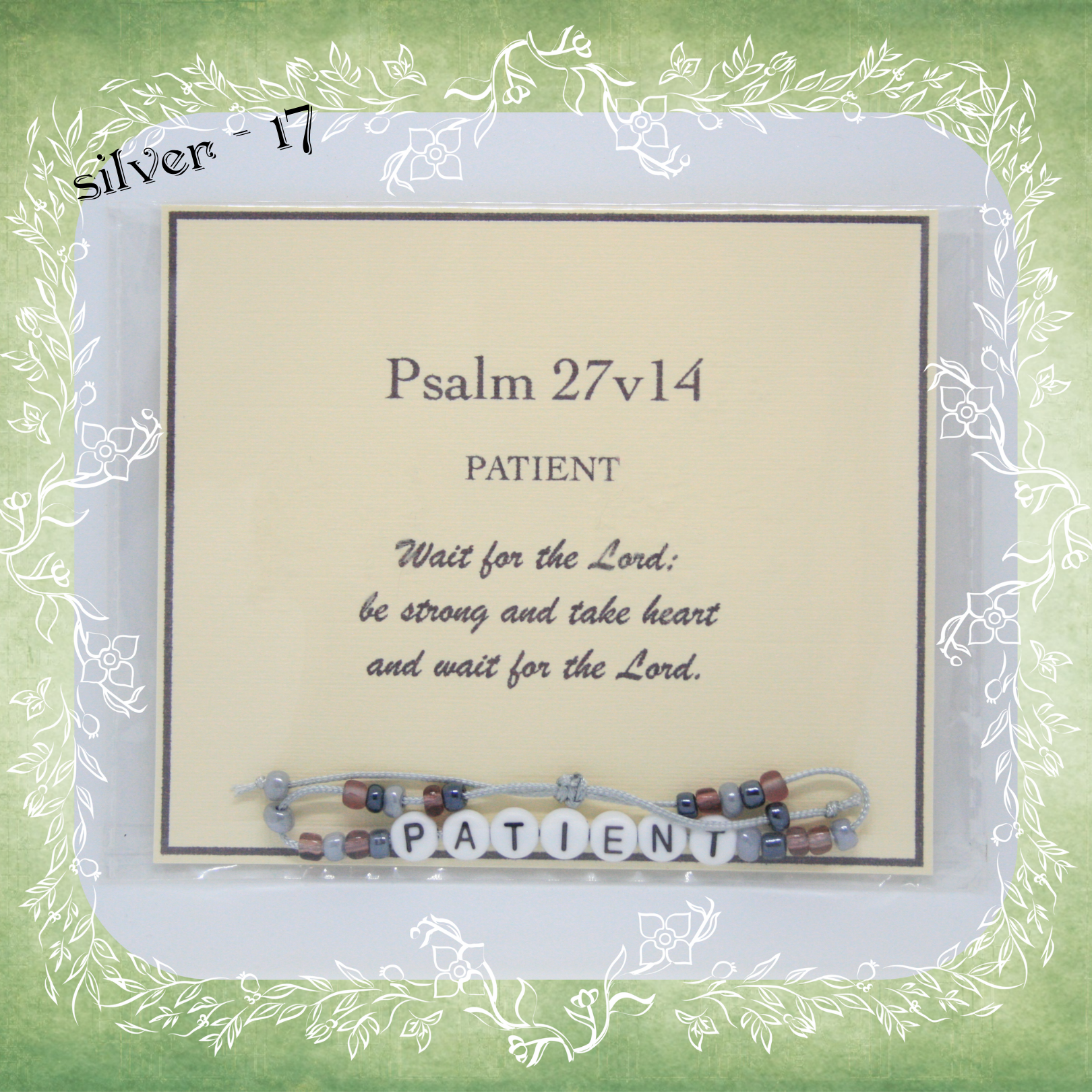Patient Bible verse bracelet with letter beads and scripture verse card, packaged for gifting and encouragement, silver cord and bead mix 17