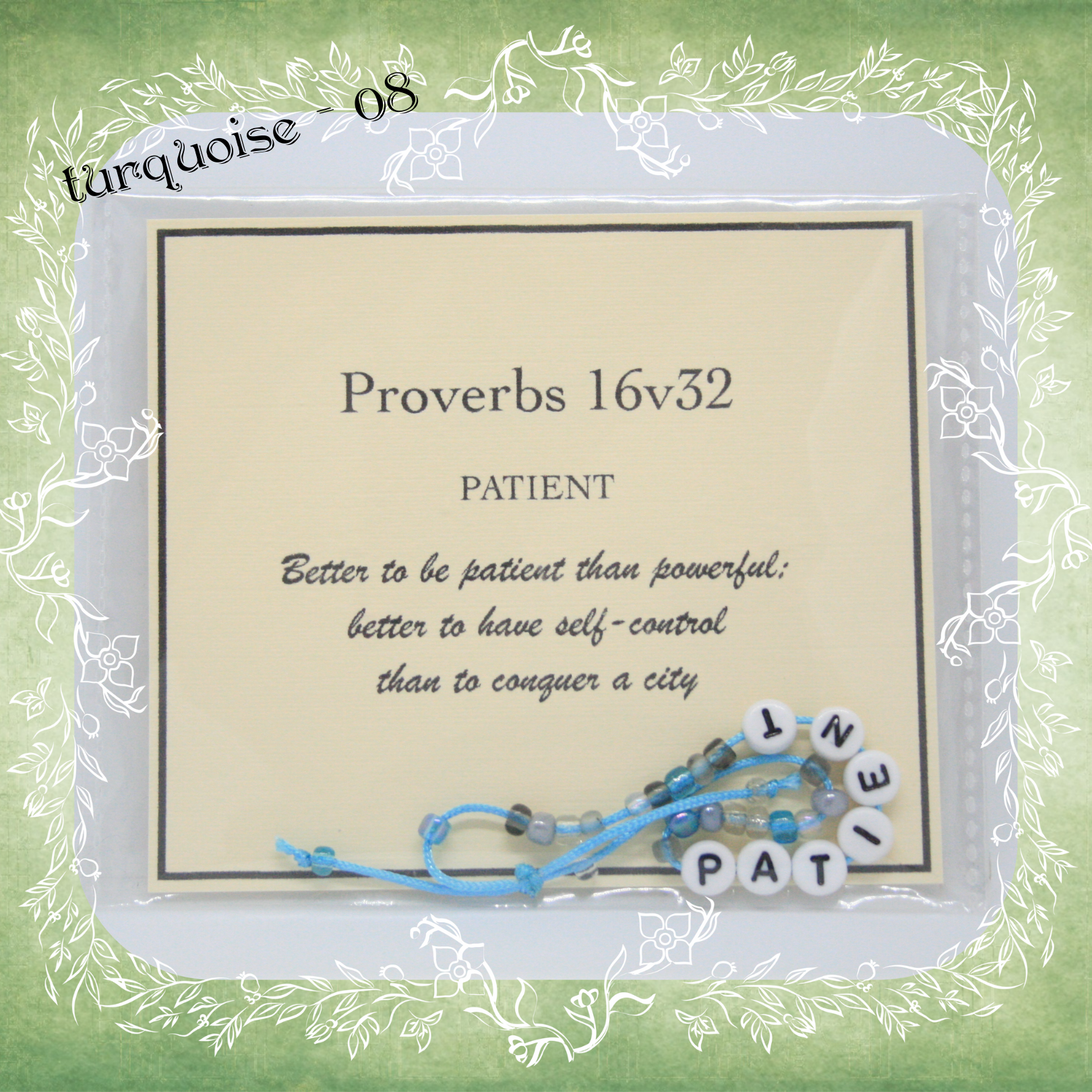 Patient Bible verse bracelet with letter beads and scripture verse card, packaged for gifting and encouragement, turquoise cord and bead mix 08