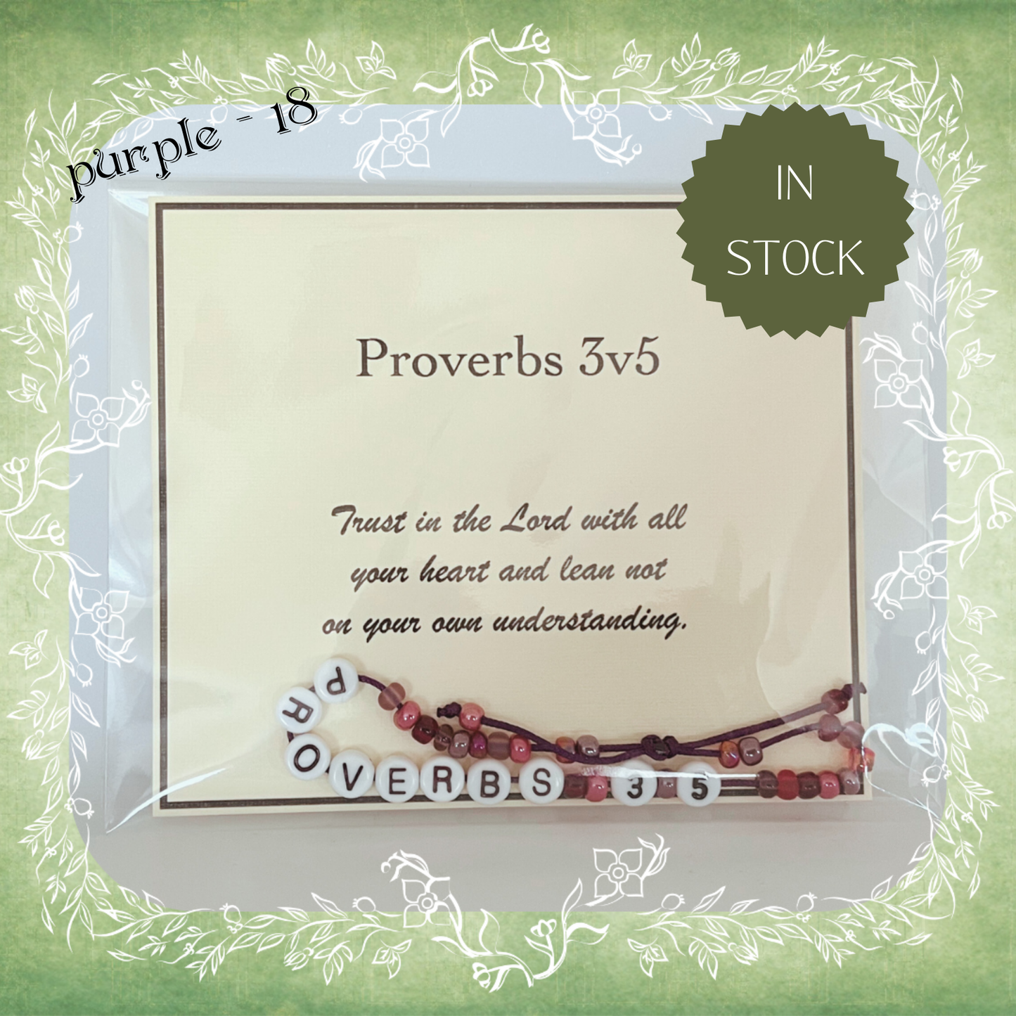 Proverbs 3v5 Bible verse bracelet with letter beads and scripture verse card, packaged for gifting and encouragement, purple cord and bead mix 18