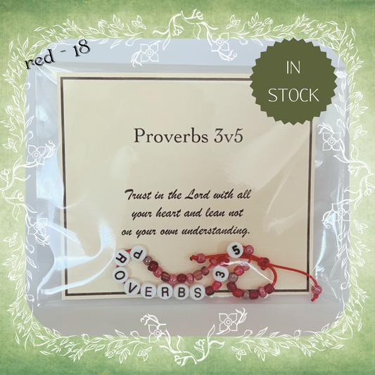 Proverbs 3v5 Bible verse bracelet with letter beads and scripture verse card, packaged for gifting and encouragement, red cord and bead mix 18