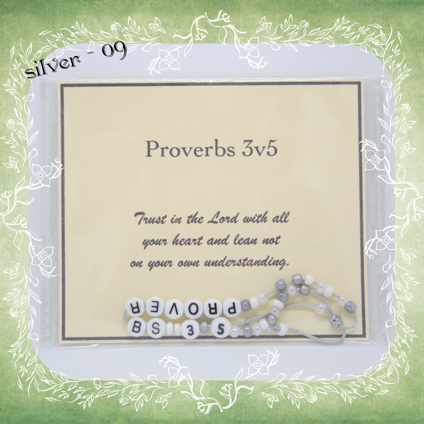 Proverbs 3v5 Bible verse bracelet with letter beads and scripture verse card, packaged for gifting and encouragement, silver cord and bead mix 09
