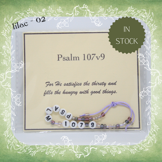 Psalm 107v9 Bible verse bracelet with letter beads and scripture verse card, packaged for gifting and encouragement, lilac cord and bead mix 18