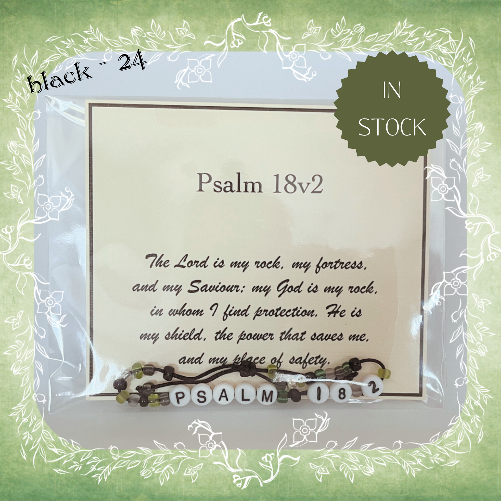 Psalm 18v2 Bible verse bracelet with letter beads and scripture verse card, packaged for gifting and encouragement, black cord and bead mix 18