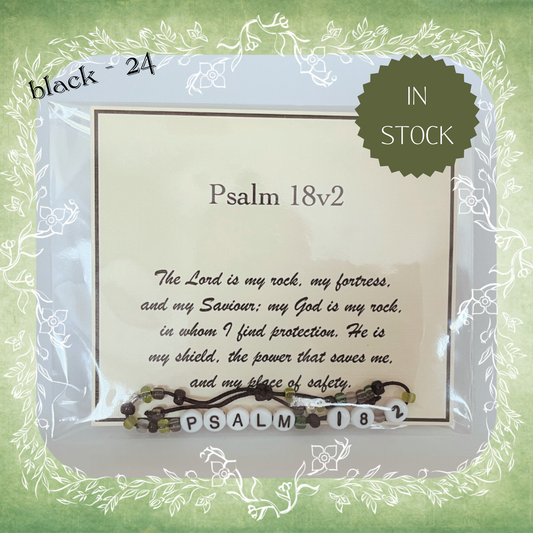 Psalm 18v2 Bible verse bracelet with letter beads and scripture verse card, packaged for gifting and encouragement, black cord and bead mix 18