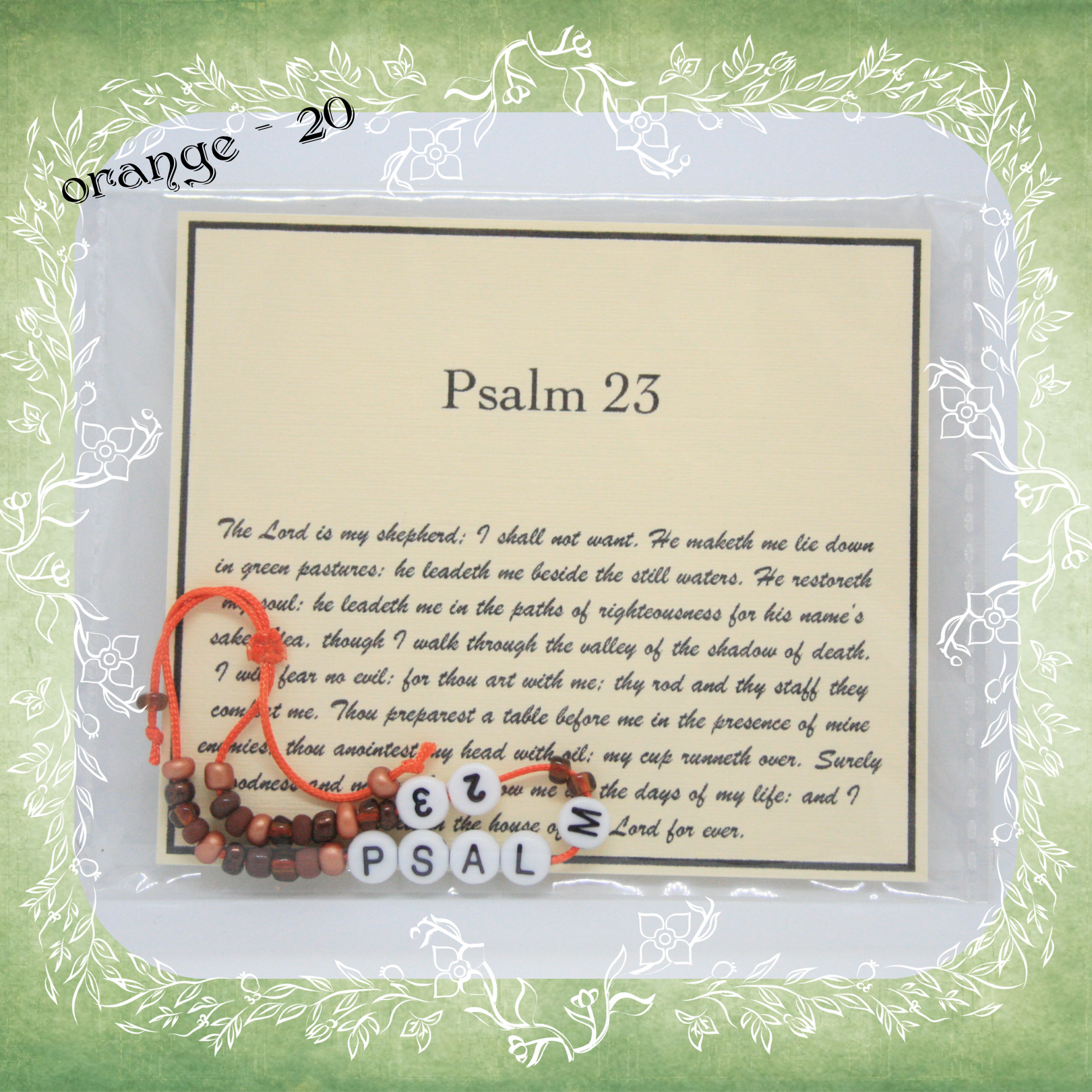 Psalm 23 Bible verse bracelet with letter beads and scripture verse card, packaged for gifting and encouragement, orange cord and bead mix 20