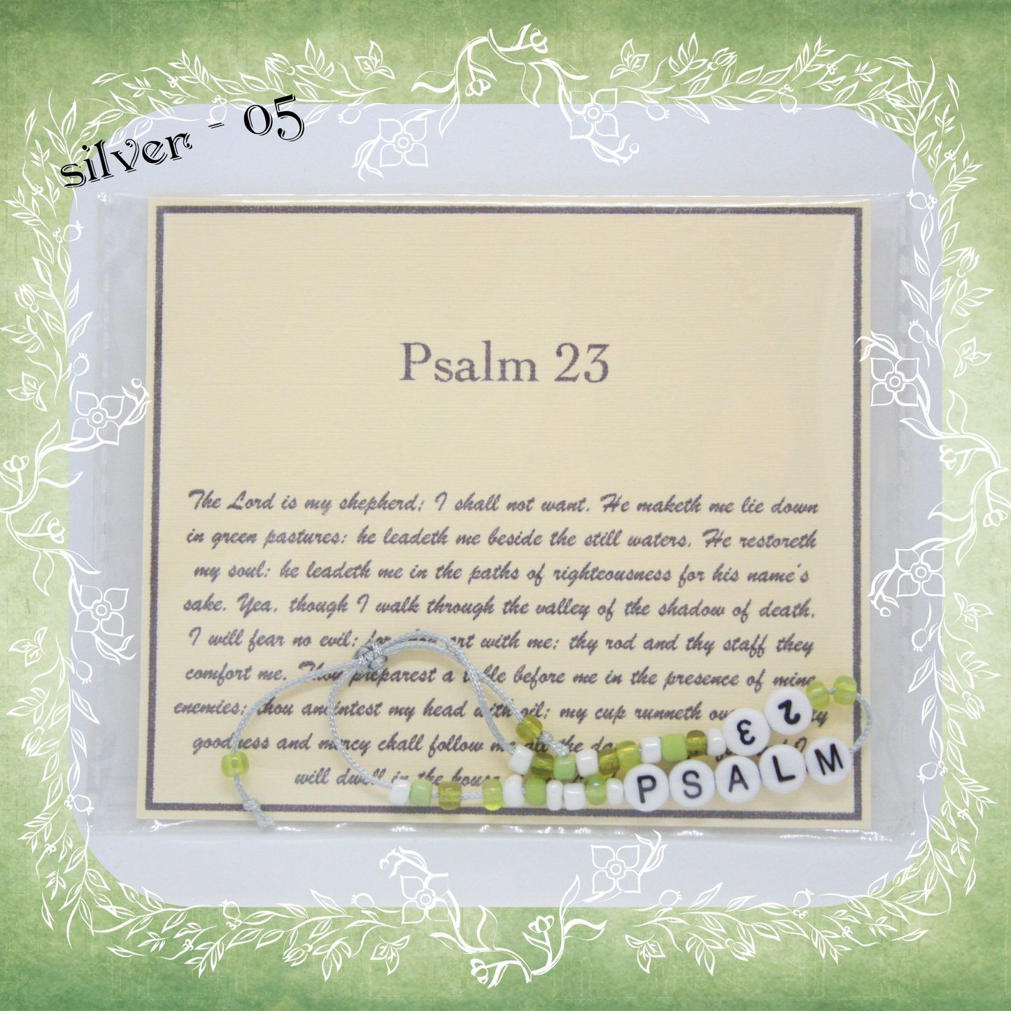 Psalm 23 Bible verse bracelet with letter beads and scripture verse card, packaged for gifting and encouragement, silver cord and bead mix 05