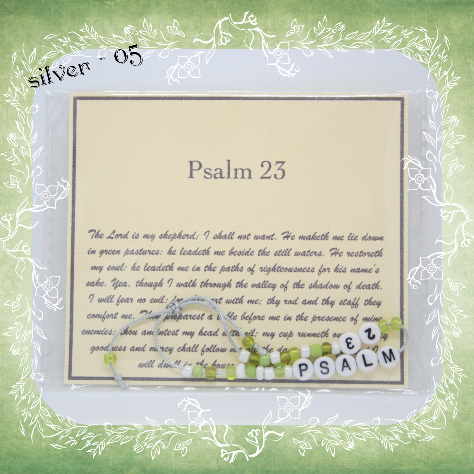Psalm 23 Bible verse bracelet with letter beads and scripture verse card, packaged for gifting and encouragement, silver cord and bead mix 05