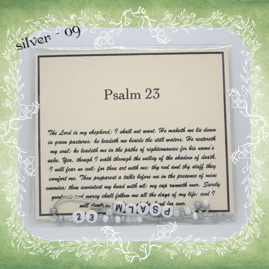 Psalm 23 Bible verse bracelet with letter beads and scripture verse card, packaged for gifting and encouragement, silver cord and bead mix 09