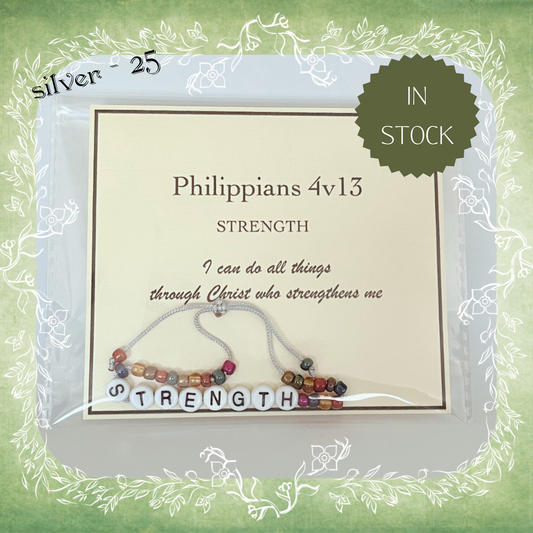 Strength Bible verse bracelet with letter beads and scripture verse card, packaged for gifting and encouragement, silver cord and bead mix 25