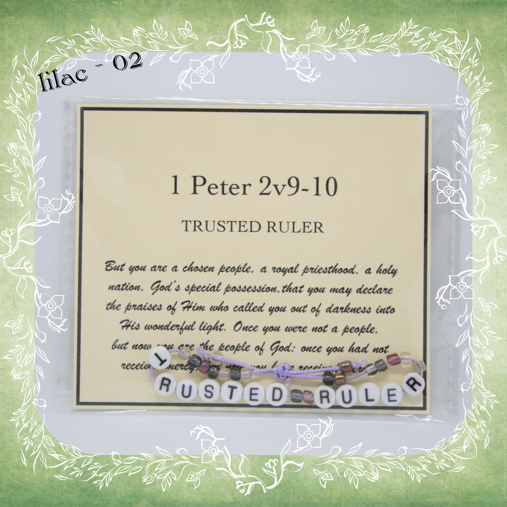 Trusted Ruler Bible verse bracelet with letter beads and scripture verse card, packaged for gifting and encouragement, lilac cord and bead mix 02