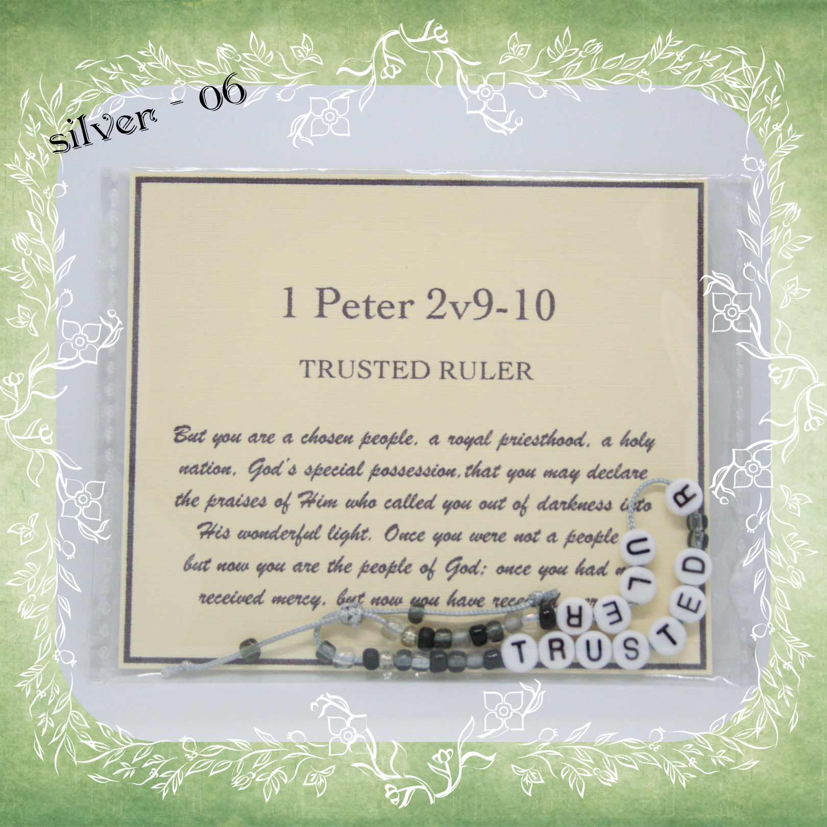 Trusted Ruler Bible verse bracelet with letter beads and scripture verse card, packaged for gifting and encouragement, silver cord and bead mix 06