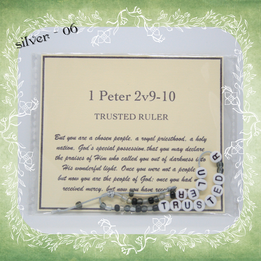 Trusted Ruler Bible verse bracelet with letter beads and scripture verse card, packaged for gifting and encouragement, silver cord and bead mix 06