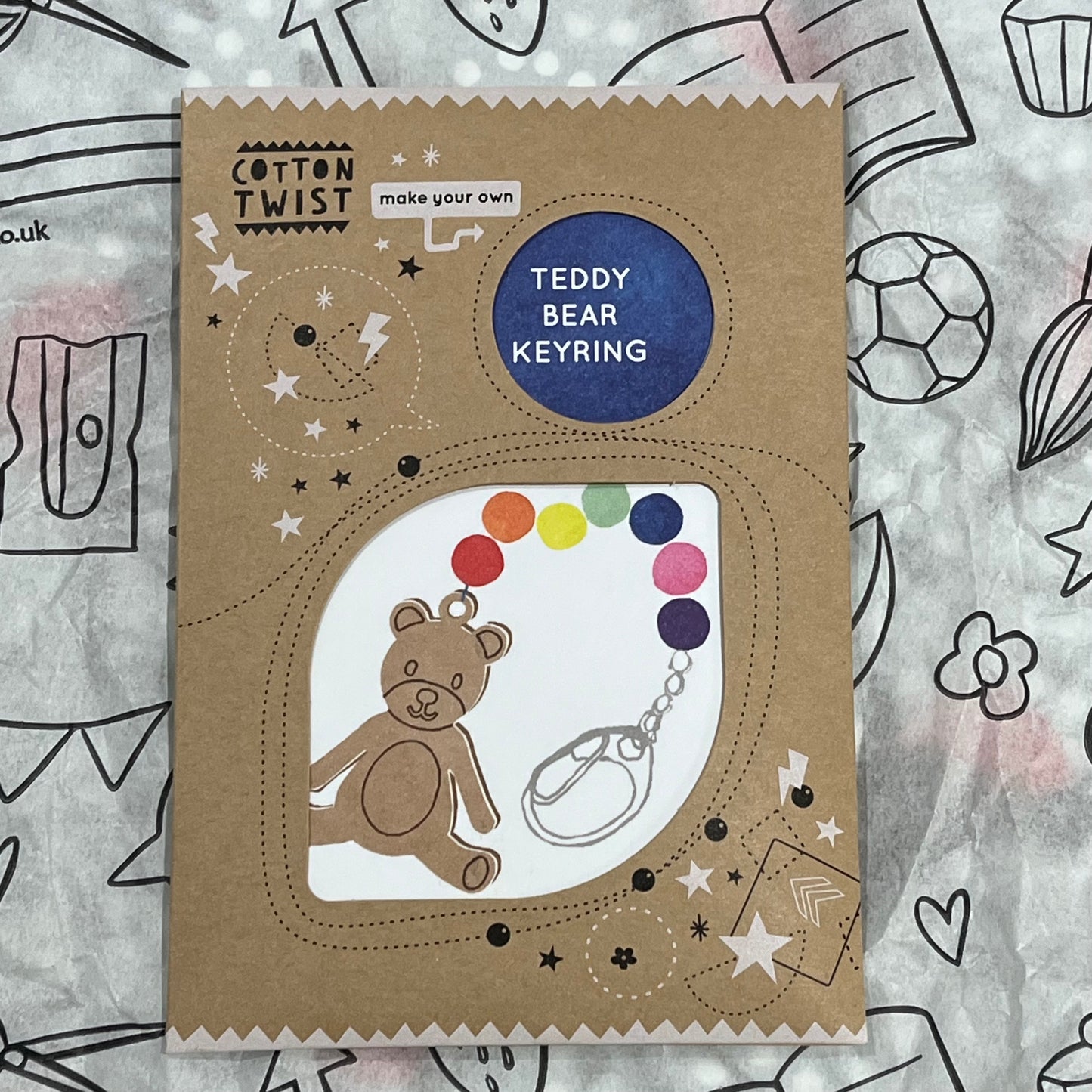 Plastic-free kids teddy bear keyring kit with teddy bear fob, round beads, elastic, keyring clasp
