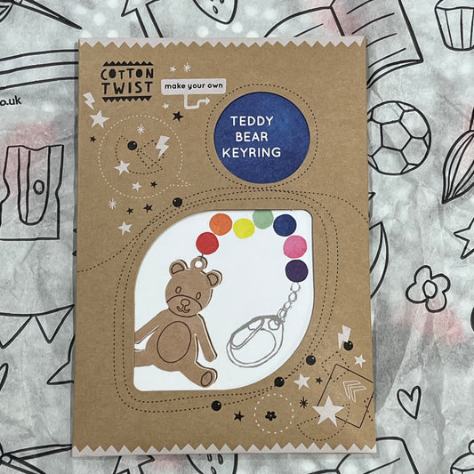 Plastic-free kids teddy bear keyring kit with teddy bear fob, round beads, elastic, keyring clasp