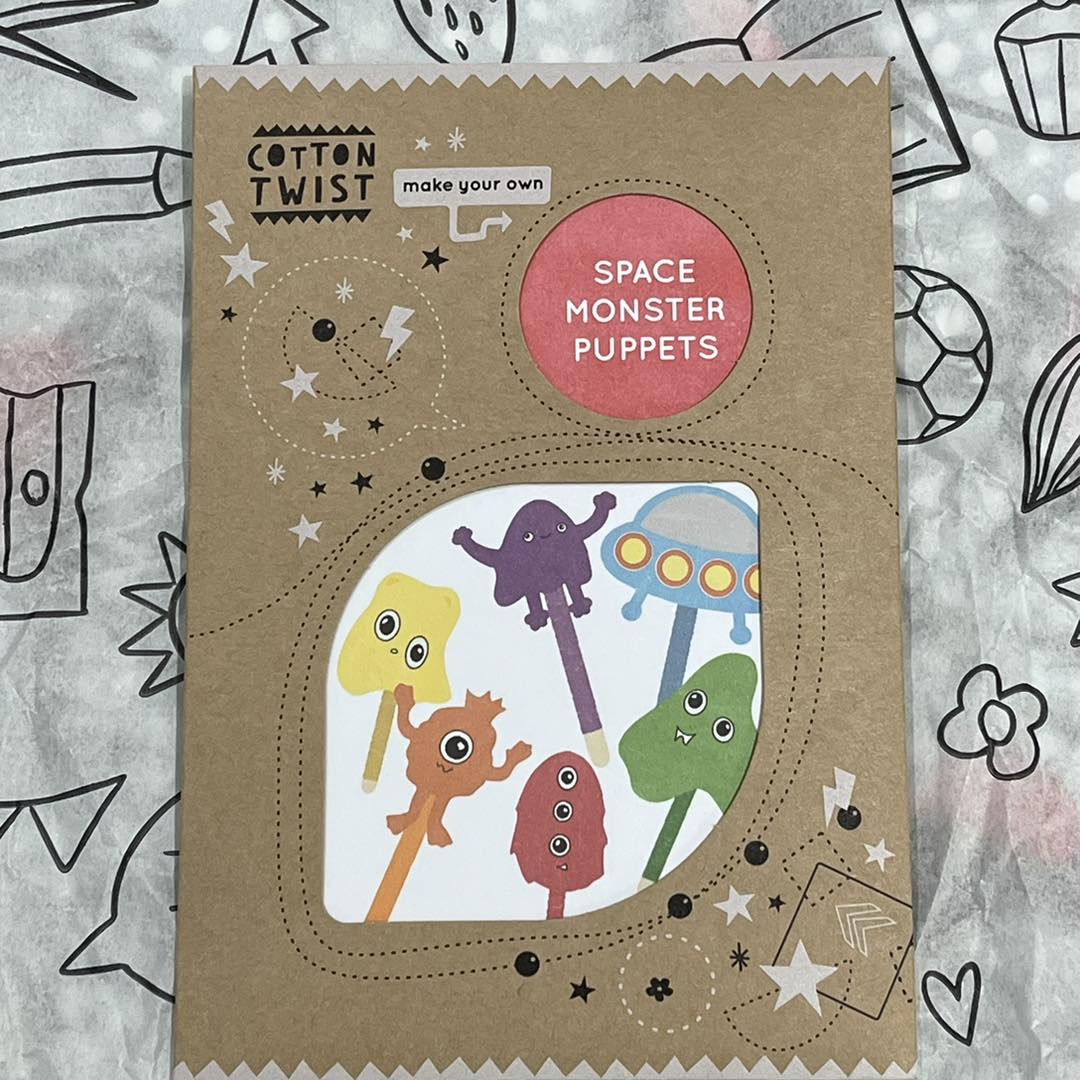 Plastic-free kids space monster puppet kit with cardboard cutouts, wooden lolly sticks, coloured threads