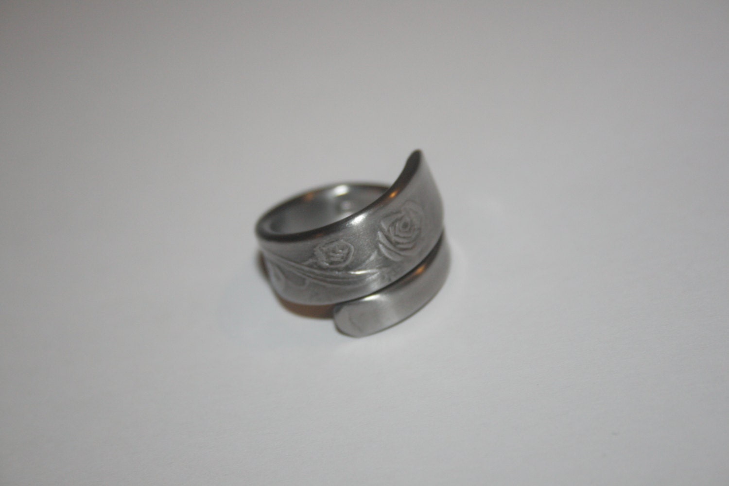 Upcycled silver ring made from antique spoon with rose design, matte finish